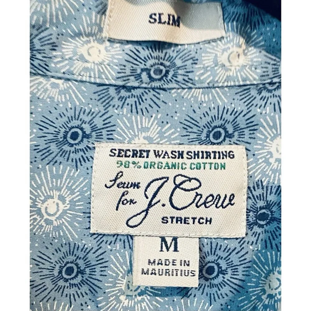 J Crew Shirt Mens Medium Blue Floral Secret Wash Shirting Organic Cotton Boho